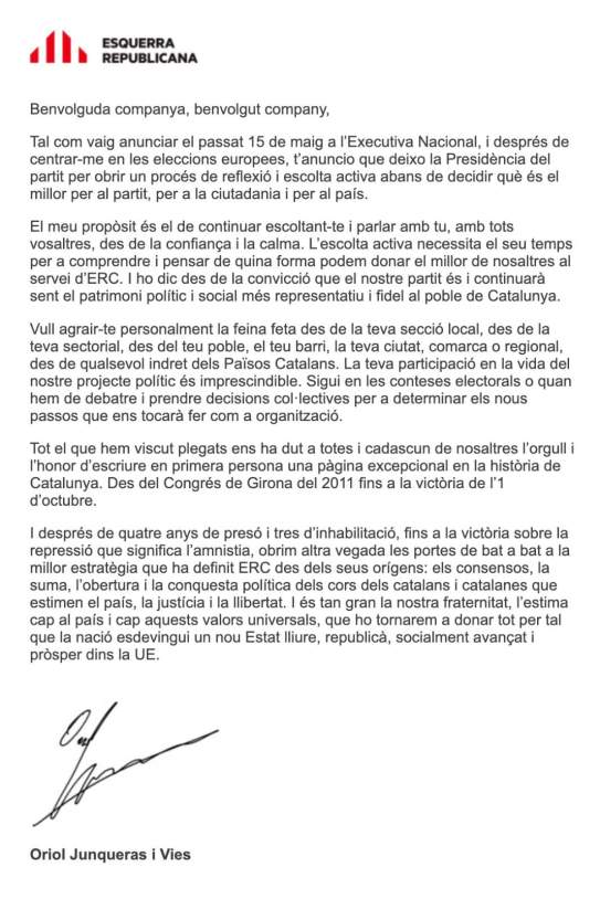 Carta Oriol Junqueras, renuncia presidente ERC
