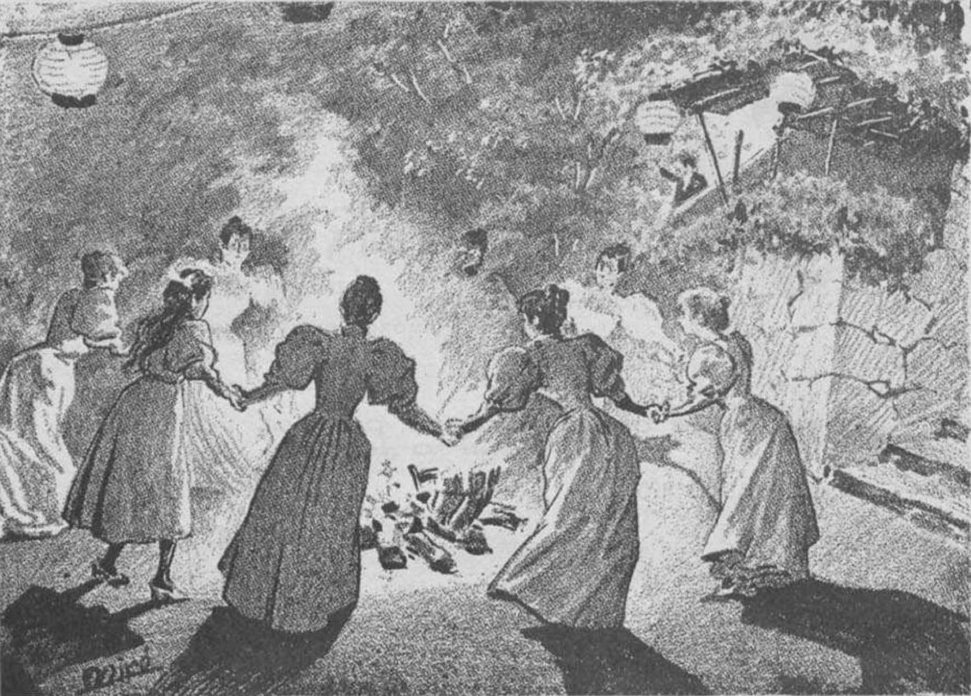 Noies ballant al voltant de la foguera de Sant Joan (Gràcia, 1896). Font L'Esquella de la Torratxa