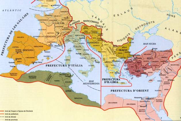 Mapa de la división provincial romana a finales del siglo IV. Fuente Enciclopedia Catalana
