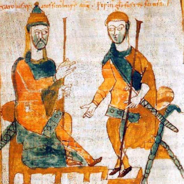 Representación coetánea de Carlomagno y su hijo segundón Pipí el Geperut (siglo IX). Font Museo della Catedrale. Módena