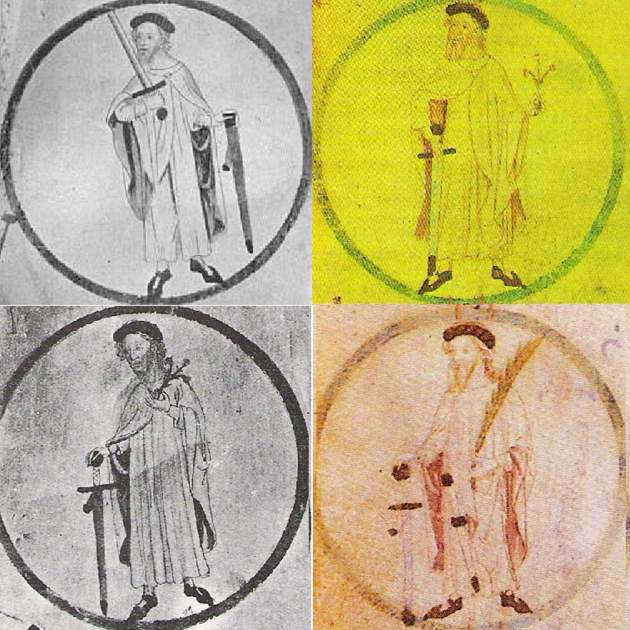 Representación de los condes carolingios de Barcelona, en tiempo de la Marca de Gotia. Guifré II, Sunyer I, Miró I y Borrell II. Fuente Rollo de Poblet