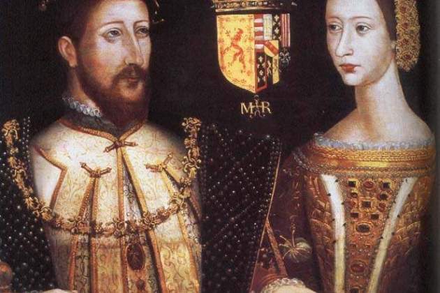 Jaime V de Escocia y Maria de Guisa, abuelos de Jaime VI. En el cuartel|barrio|cuarto superior derecho de las armas de Maria aparecen las cuatro barras. Fuente Falkland Palace. Escócia