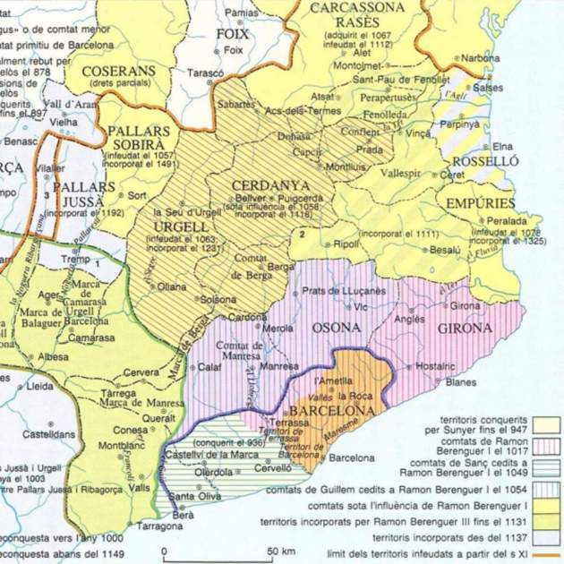 Mapa del procès de conquista y colonización catalana de las planas|llanuras occidentales del país (siglos X XII). Fuente Enciclopedia Catalana