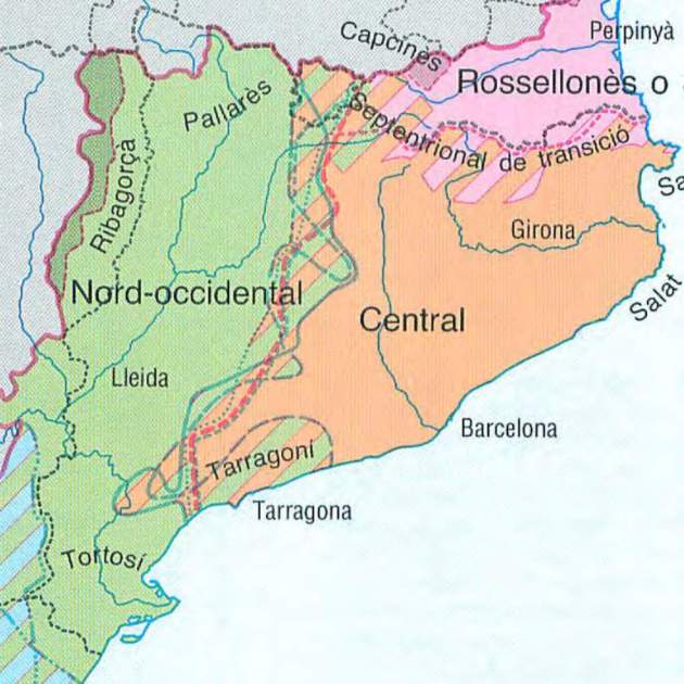 Mapa de la división dialectal del catalán en el Principado de Catalunya. Fuente Instituto de Estudios Catalanes
