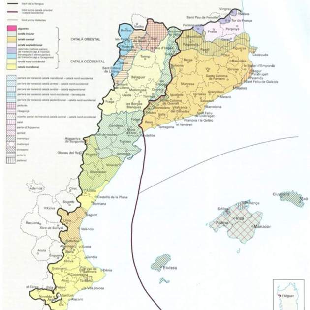 Mapa de la división dialectal del catala en los Países Catalanes. Fuente Enciclopedia Catalana