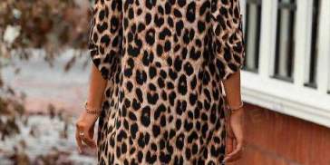 Vestido camisero con estampado de leopardo de manga enrollada con botón LUNE