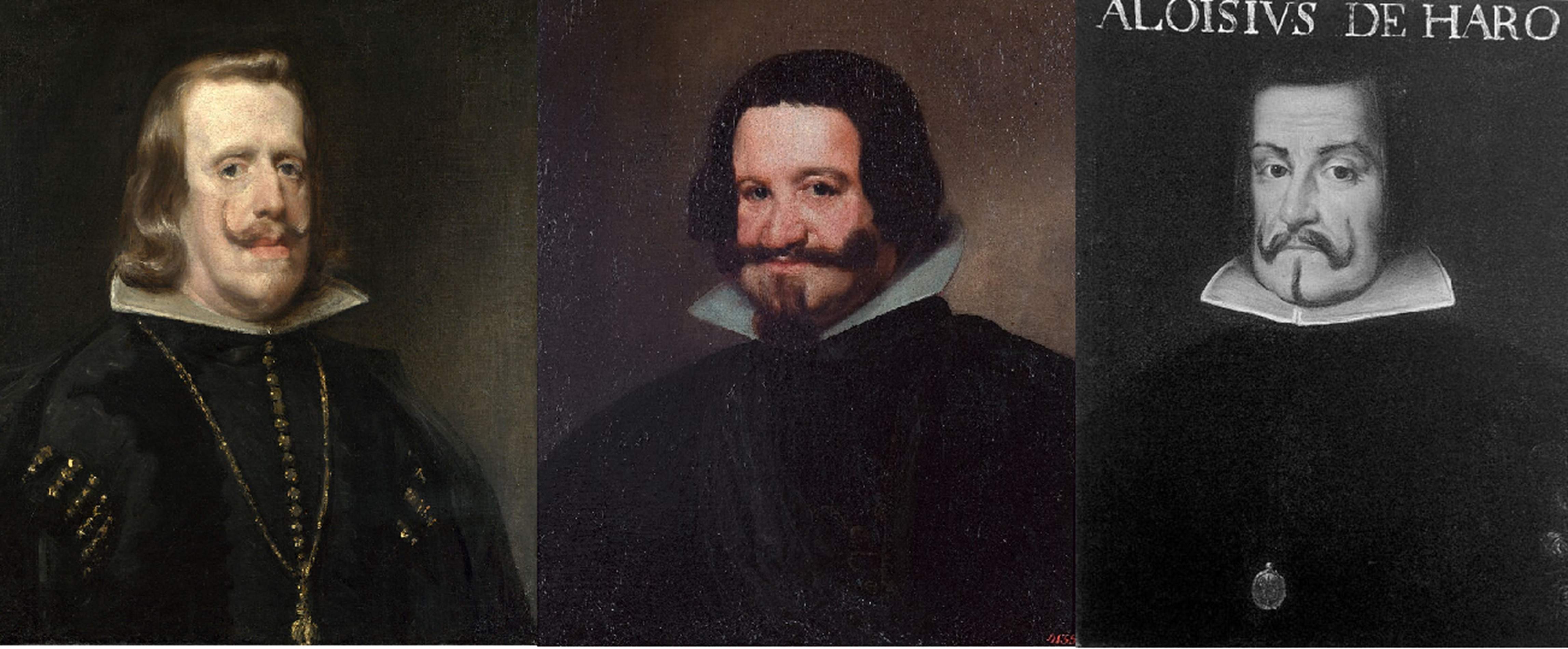 Felipe IV, Olivares, y Luis de Haro maxims representantes de la cultura punitiva contra Catalunya. Fuente National Portrait, Hermitage y Uffizzi