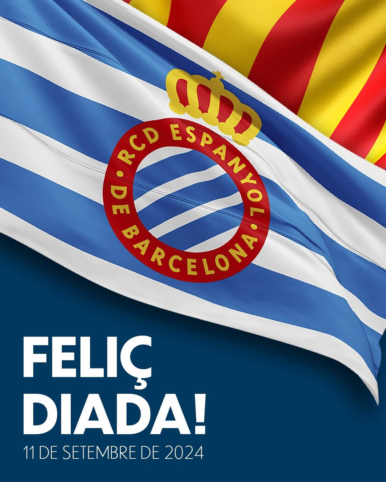 El Espanyol felicita la Diada de Catalunya con una senyera con 5 barras rojas