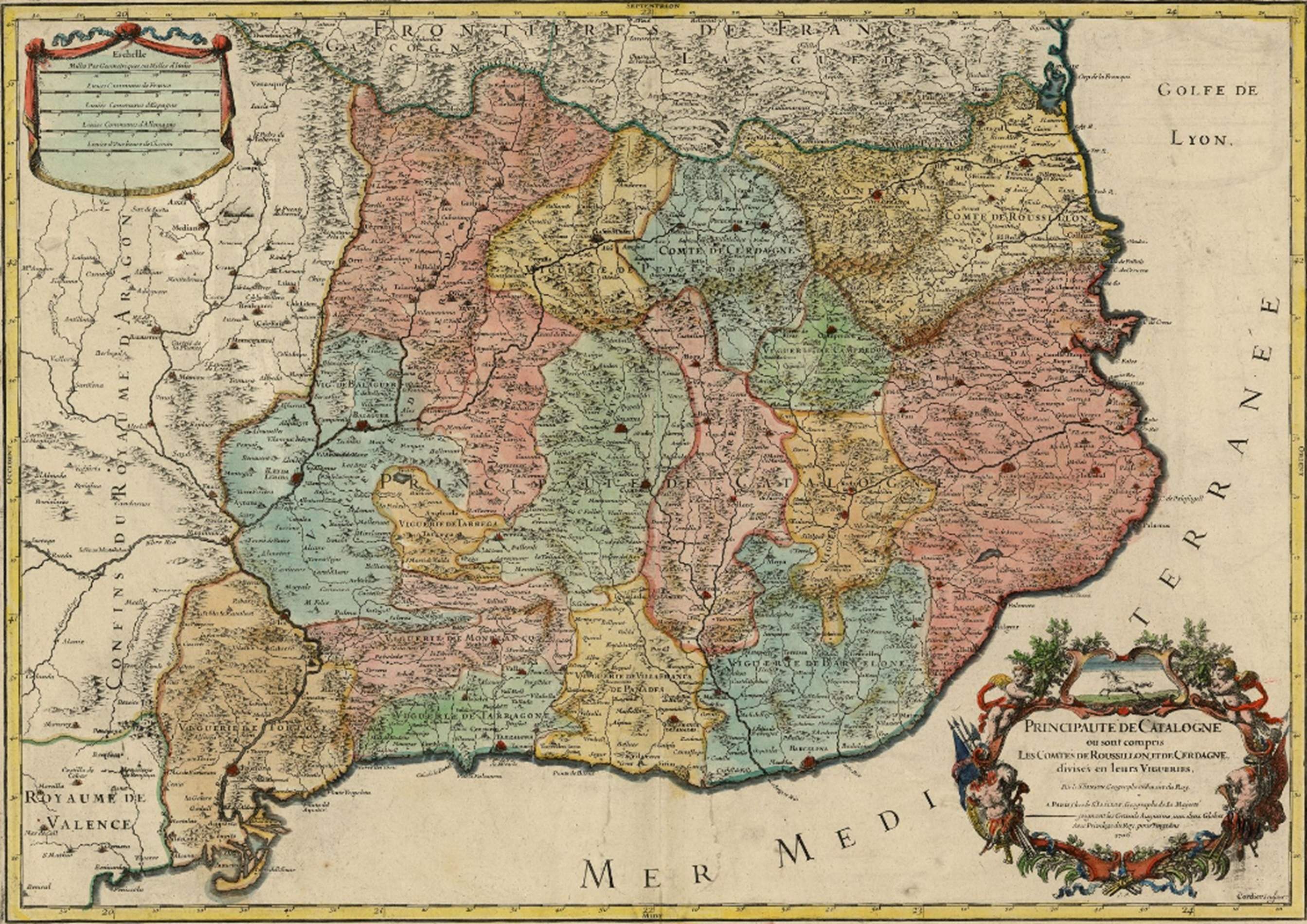 Mapa de Catalunya (1706). Encara s'hi representa el Rosselló, que Felip IV havia lliurat a França el 1659. Font ICC