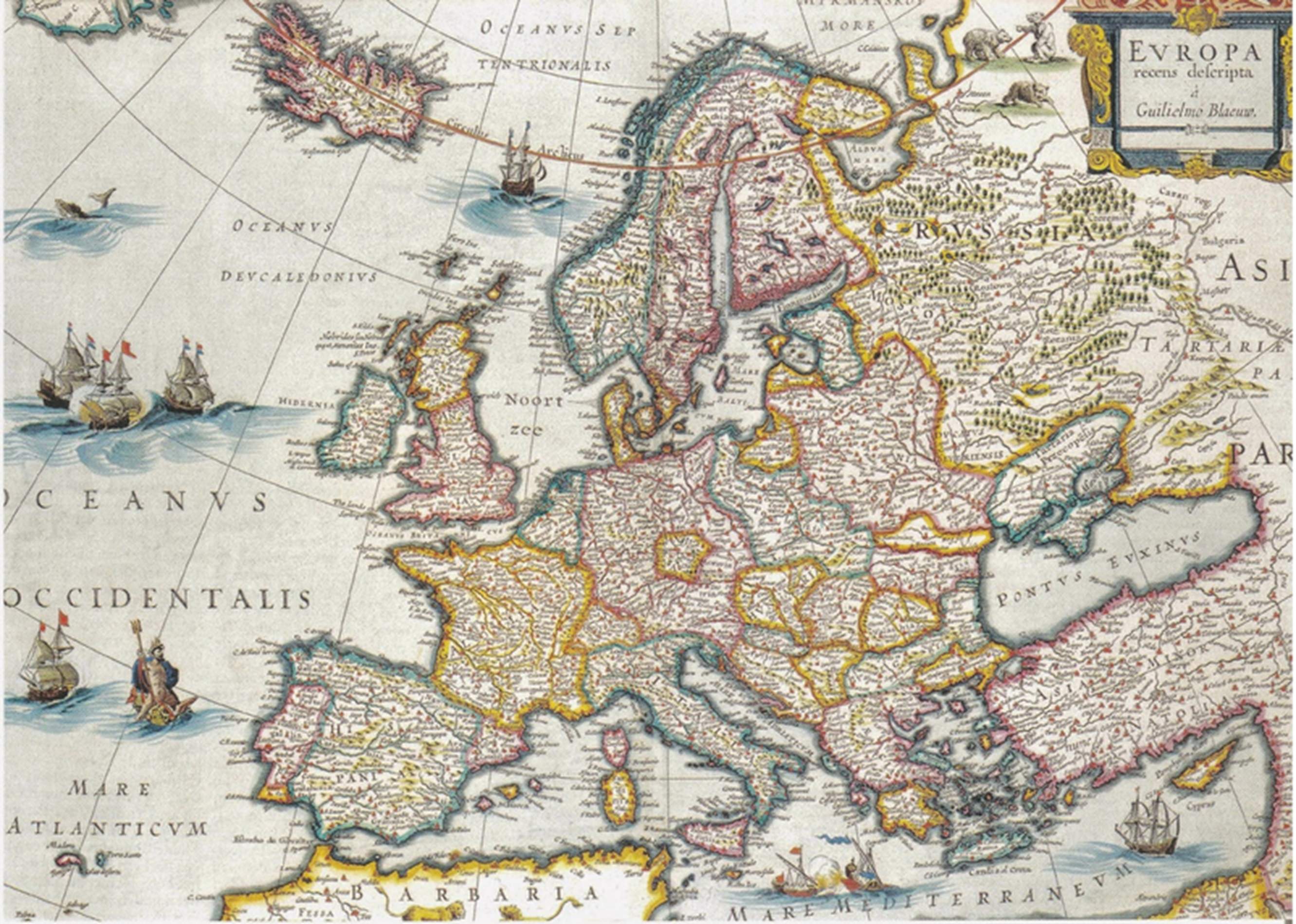 Mapa polític d'Europa (1645) on es veuen clarament les fronteres que separen Catalunya de la Monarquia Hispànica. Font Biblioteca Digital Hispànica