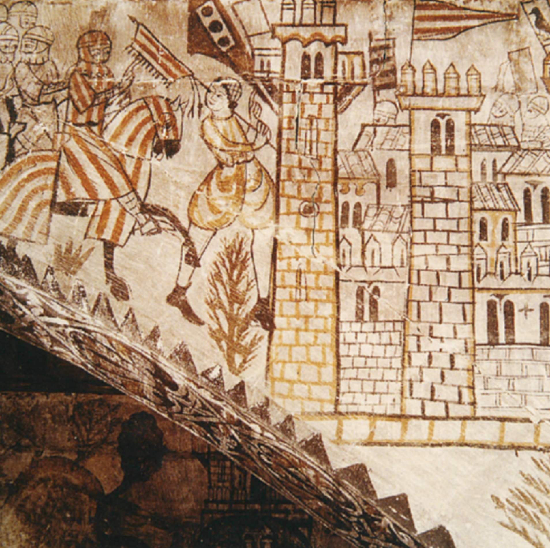 Pintura mural que il·lustra la conquesta catalana de València i l'arribada de cognoms navarresos (segle XIII). Font Castell d'Alcanyis