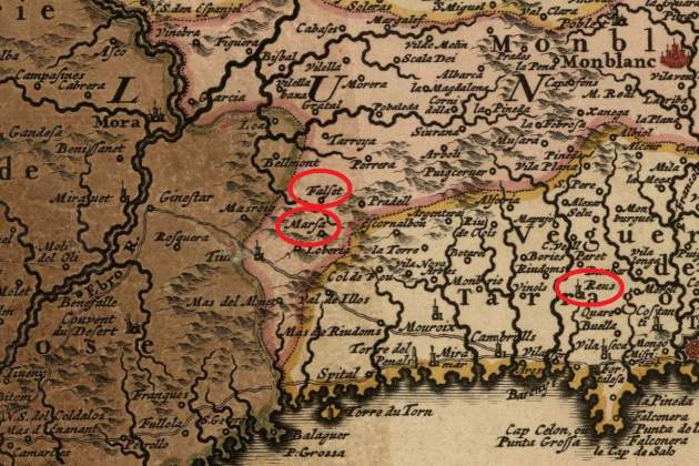 Fragmento de una mapa de Catalunya (1677). Fuente Cartoteca de Catalunya