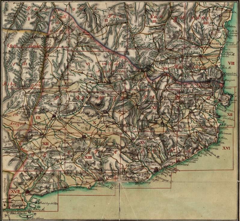 Primer mapa cartografiat després de l'ocupació borbònica franco castellana (1716), obra del comte de Darnius. Font Cartoteca de Catalunya