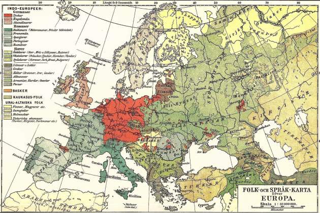 Mapa linguístic europeo (1907). Font Enciclopedia sueca