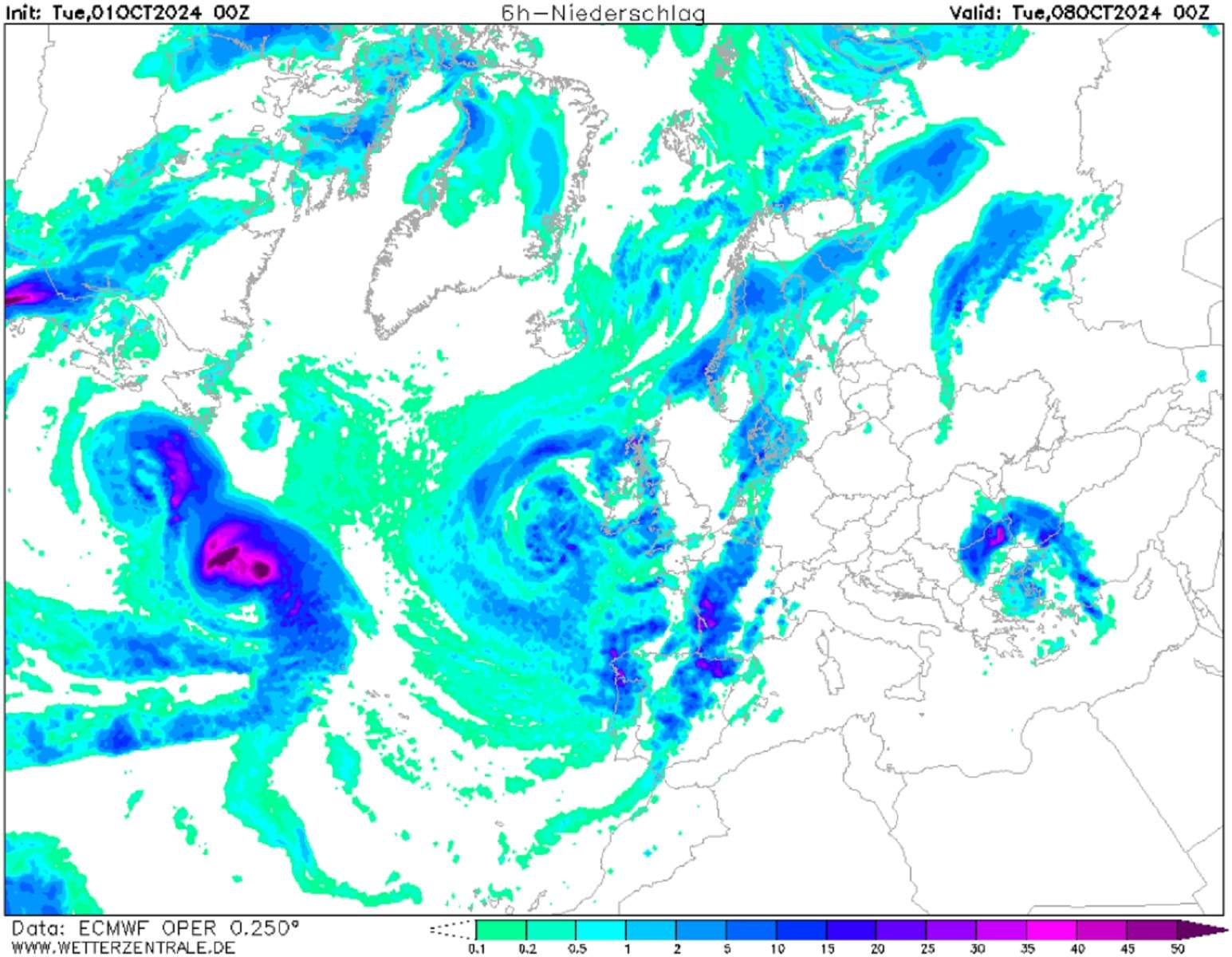 Fortes pluges i tempestes dilluns,  7 d'octubre a la nit ECMWF Wetterzentrale