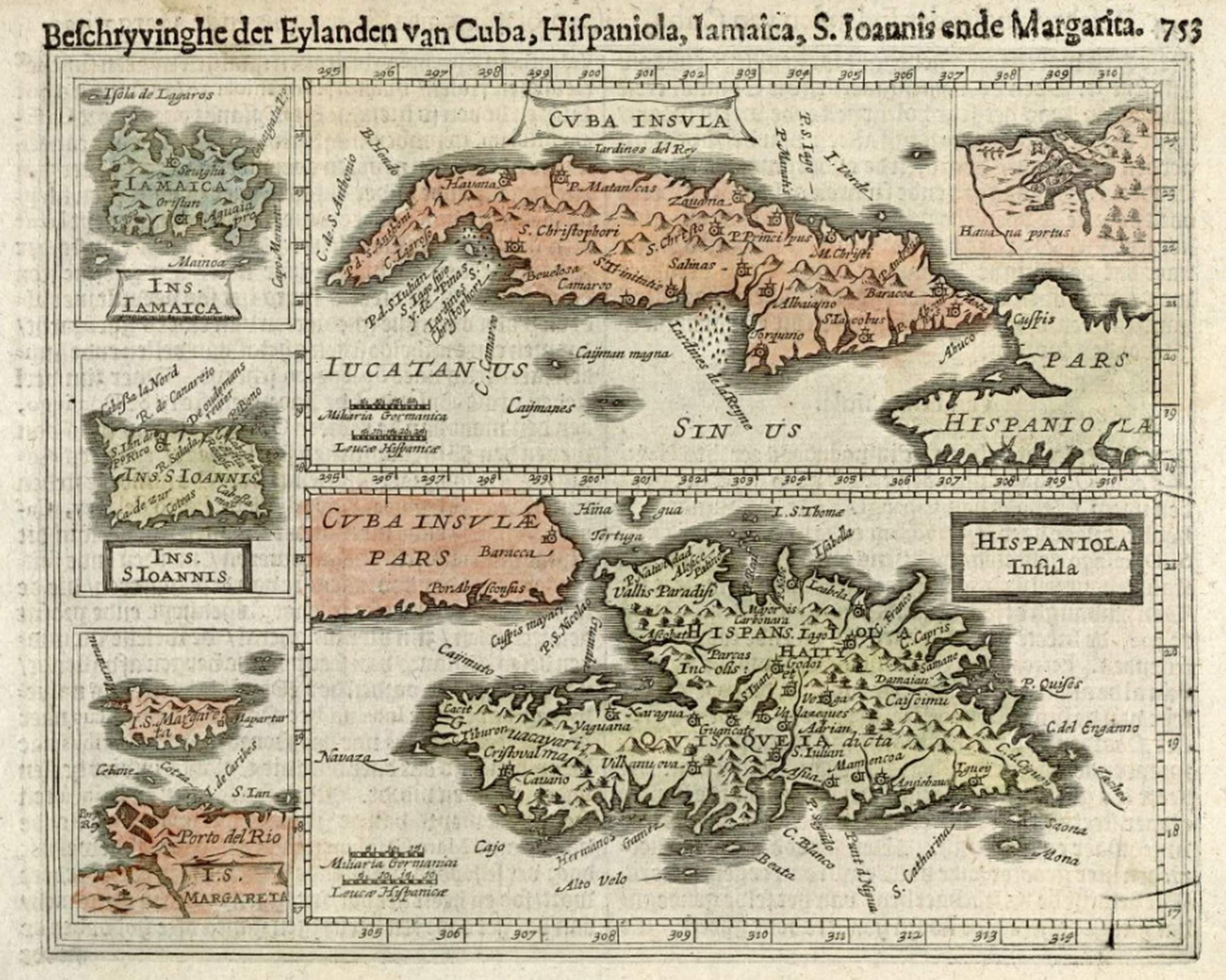 Mapa de les illes localitzades durant els viatges colombins (segle XVI). Font Boston Public Library