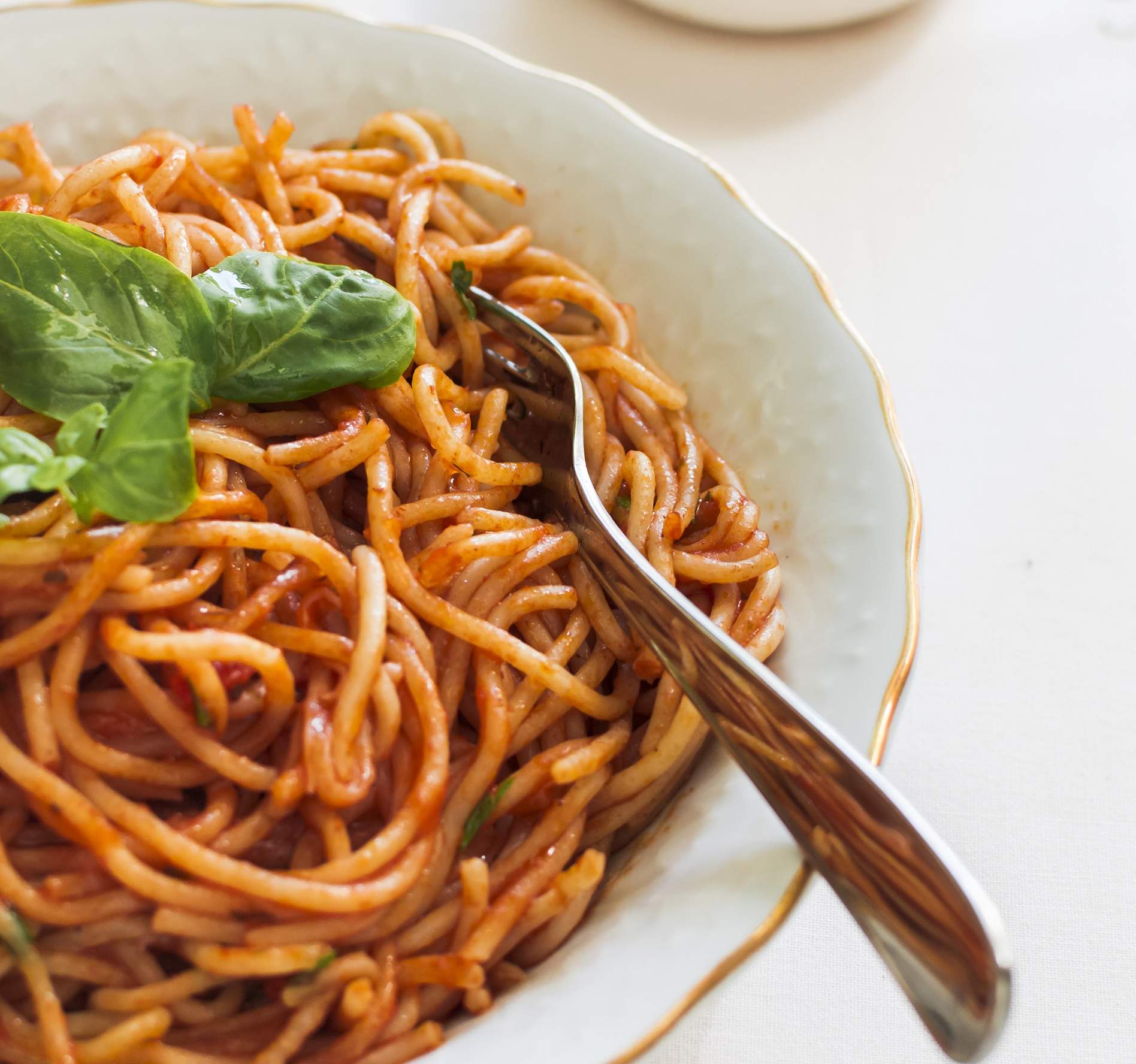 pasta with tomato sauce basil ceramic plate with fork