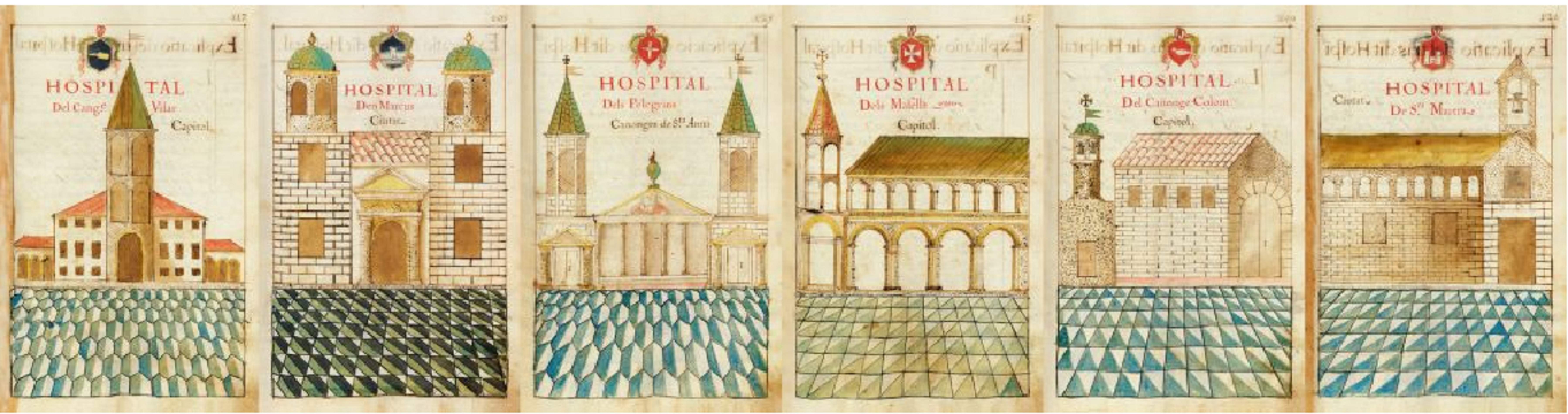 Representació dels sis hospitals que es van reunir per a crear l'Hospital de la Santa Creu. Font Arxiu Hospital de la Santa Creu