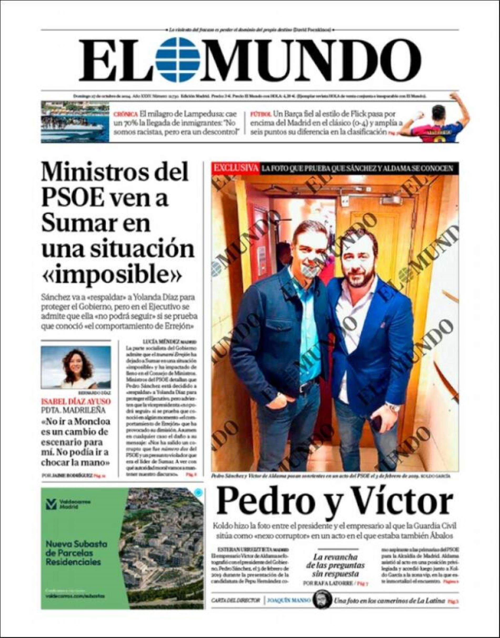 Las portadas | La foto de 'El Mundo' que retrata a Pedro (Sánchez) y Víctor (de Aldama) que hizo Koldo