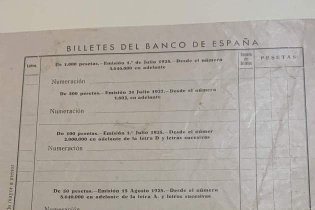 Formulario para recoger el dinero de los republicanos, confiscados por Franco.