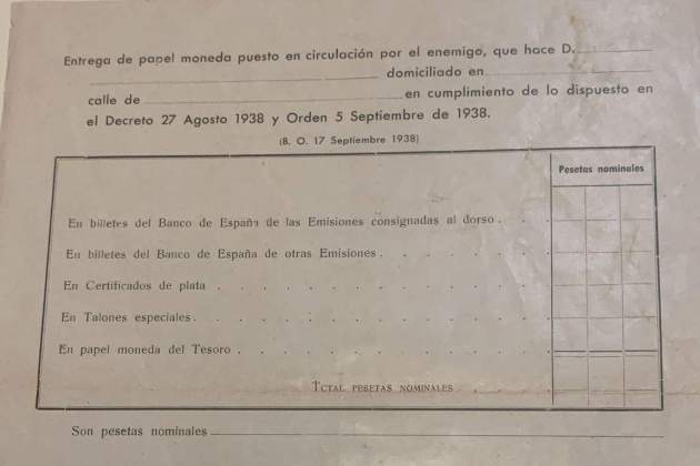 Formulario para confiscar el dinero de los republicanos en la Gueera Civil