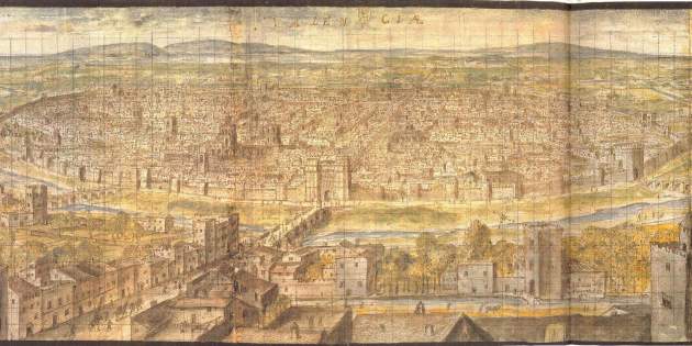 València (1563). En primer terme, el Túria i els ponts que comunicaven els ravals amb la ciutat. Gravat de Wyngaerde. Font Wikimedia Commons