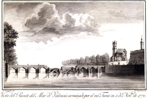 Riuà de 1776. Gravat del Pont del Mar, parcialment trencat pel corrent. Font Wikimedia Commons