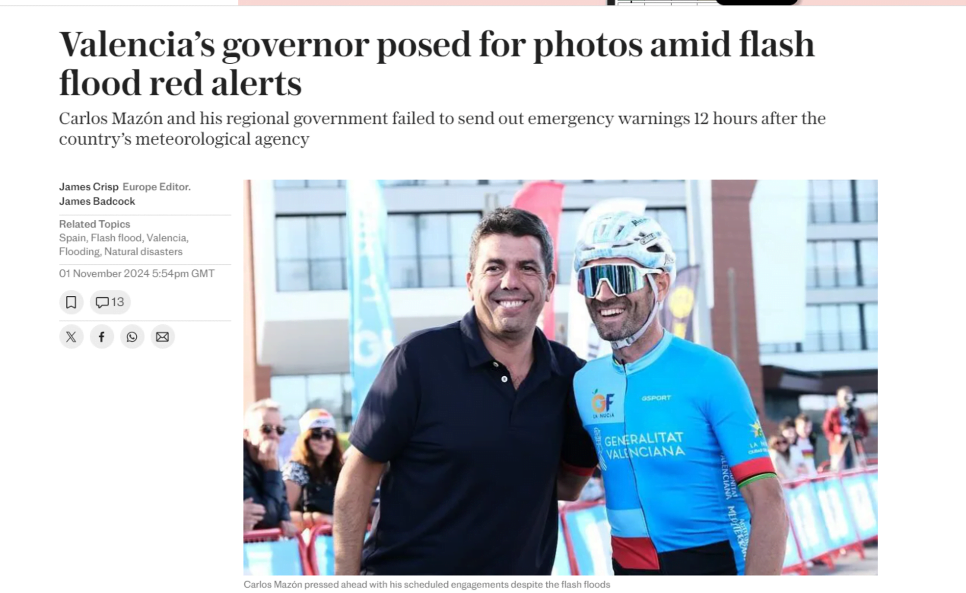 'The Telegraph' carga contra Mazón: "Se hacía fotos en medio de las alertas rojas"