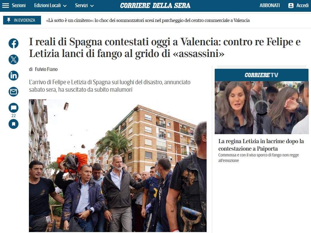 Corriere della Sera visita Felip VI Paiporta, Pais Valencia