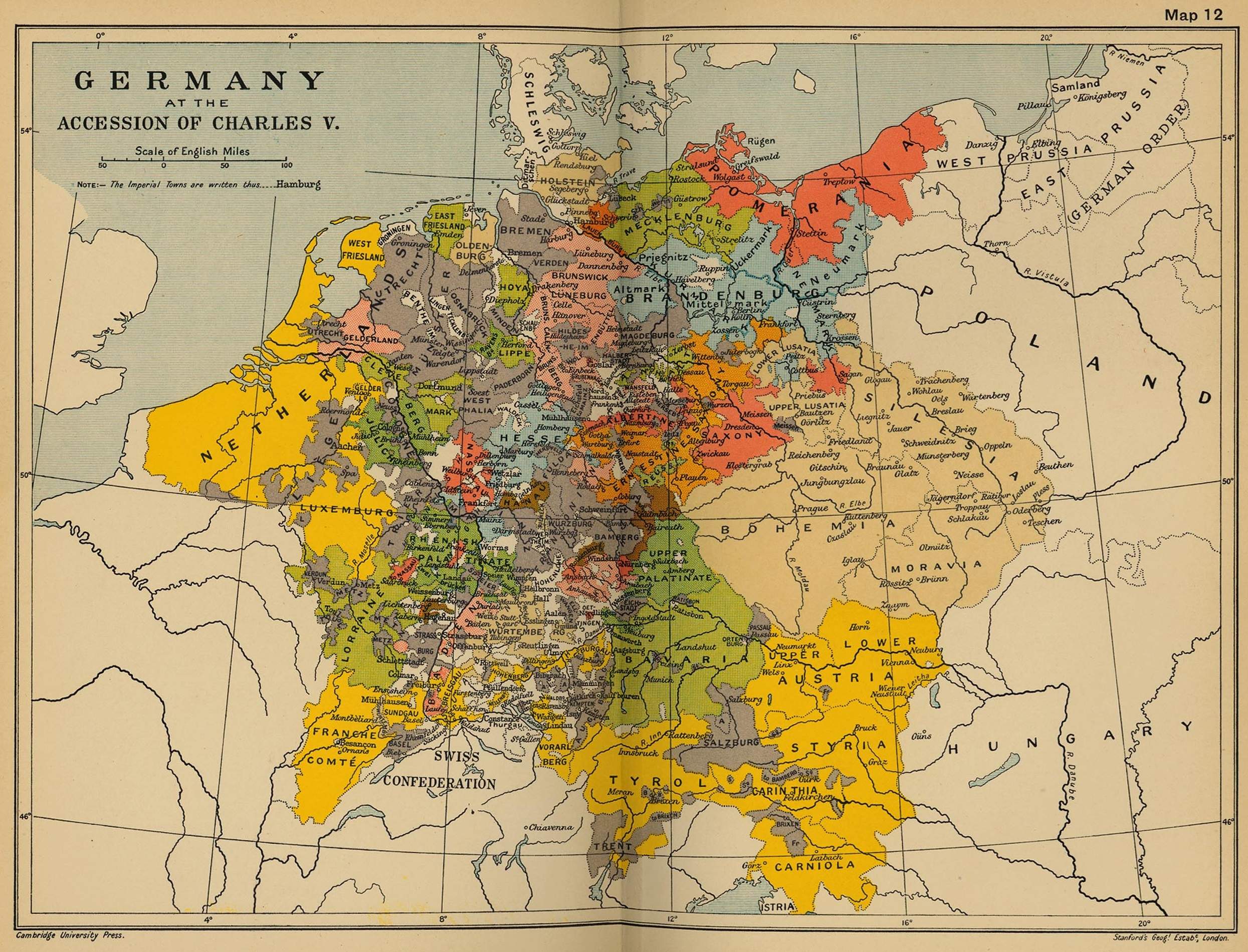 Mapa del Sacre Imperi. De color groc els dominis directes dels Habsburg Borgonya. Font The Cambridge Modern History Atlas