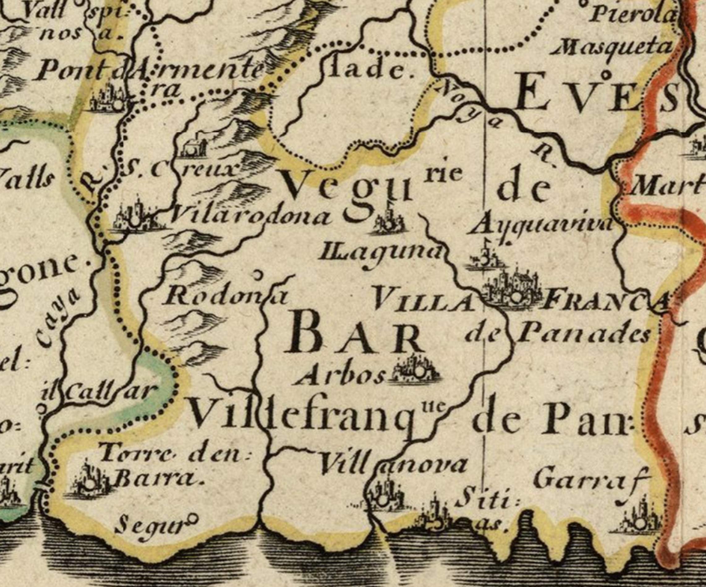 Fragment Mapa de Catalunya (1679). Vegueria de Vilafranca del Penedès. Font Institut Cartografic de Catalunya