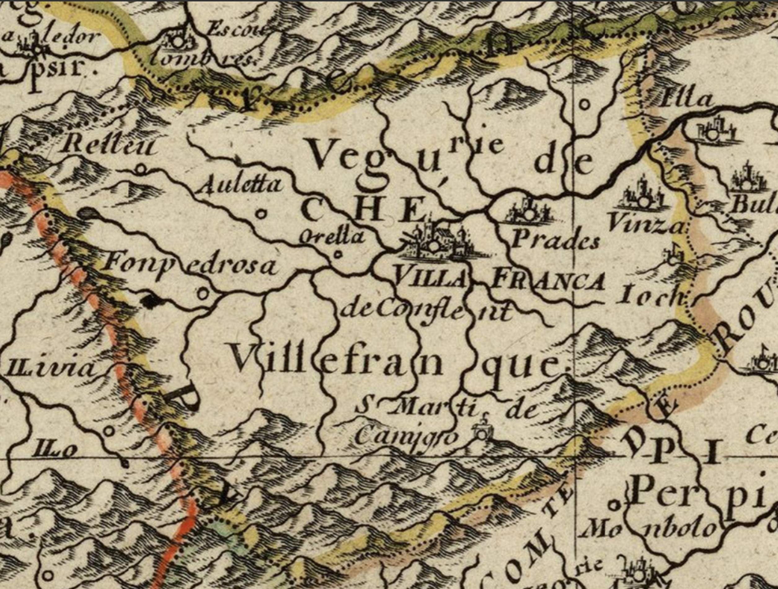 Fragment Mapa de Catalunya (1679). Vegueria de Vilafranca del Conflent. Font Institut Cartografic de Catalunya