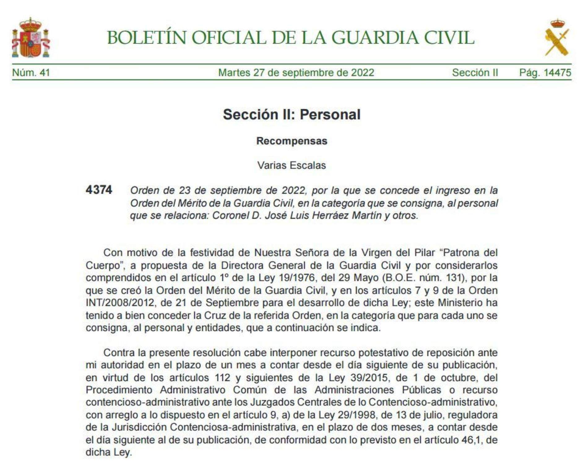 Medalla Victor Aldama, Butlleti Oficial Guardia Civil 27 septiembre 2022 / AUGC