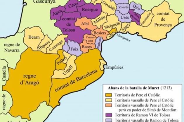 Mapa contemporáneo de los dominios directos y de los territorios vasallos del Casal de Barcelona antes de Murete. Fuente Antoni Gelonch