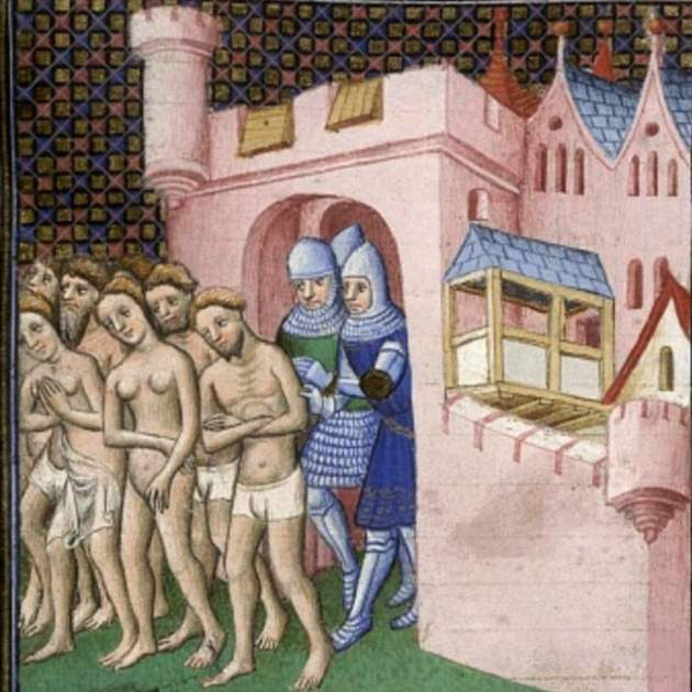 Miniatura medieval que representa las masacres sobre la población occitana de las tropas franco pontificies. Fuente British Library (1)