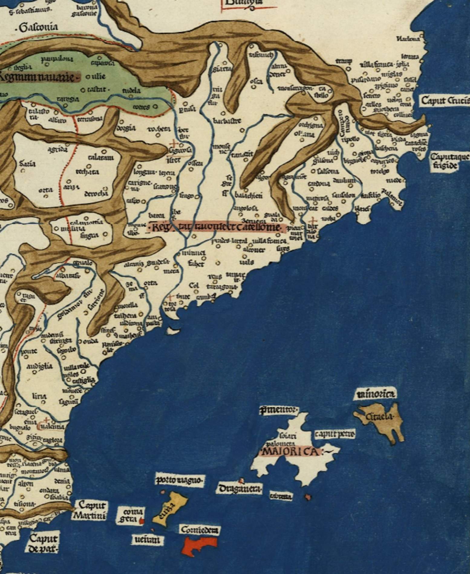 Fragmento de un mapa de la península ibérica (1482). Los paisos peninsulares de la Corona catalanoaragonesa. Fuente Cartoteca de Catalunya