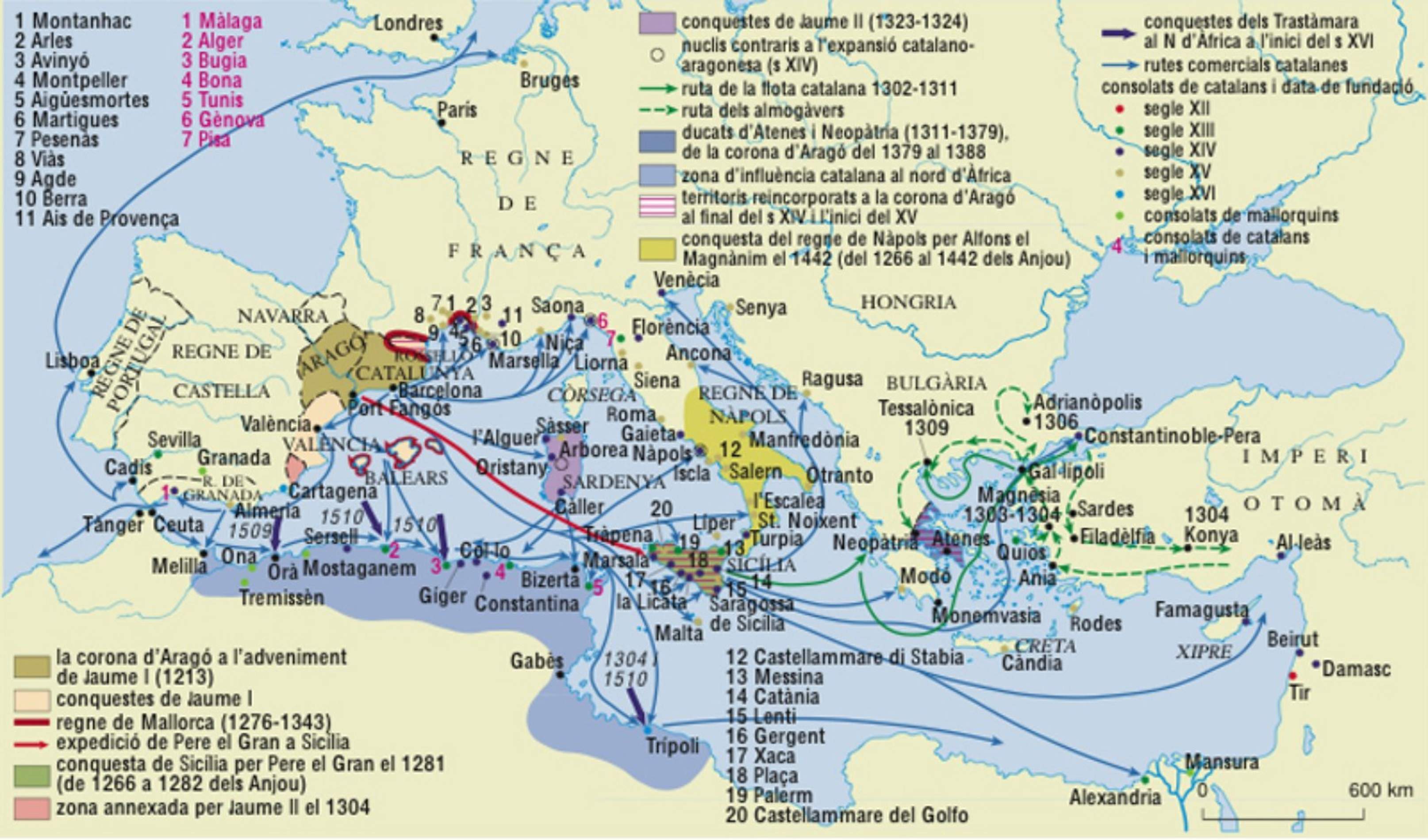 Mapa de la expansión catalana en el Mediterráneo. Fuente Enciclopedia