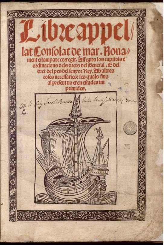 Portada del Llibre del Consolat de Mar (segle XIV). Font Biblioteca de Catalunya