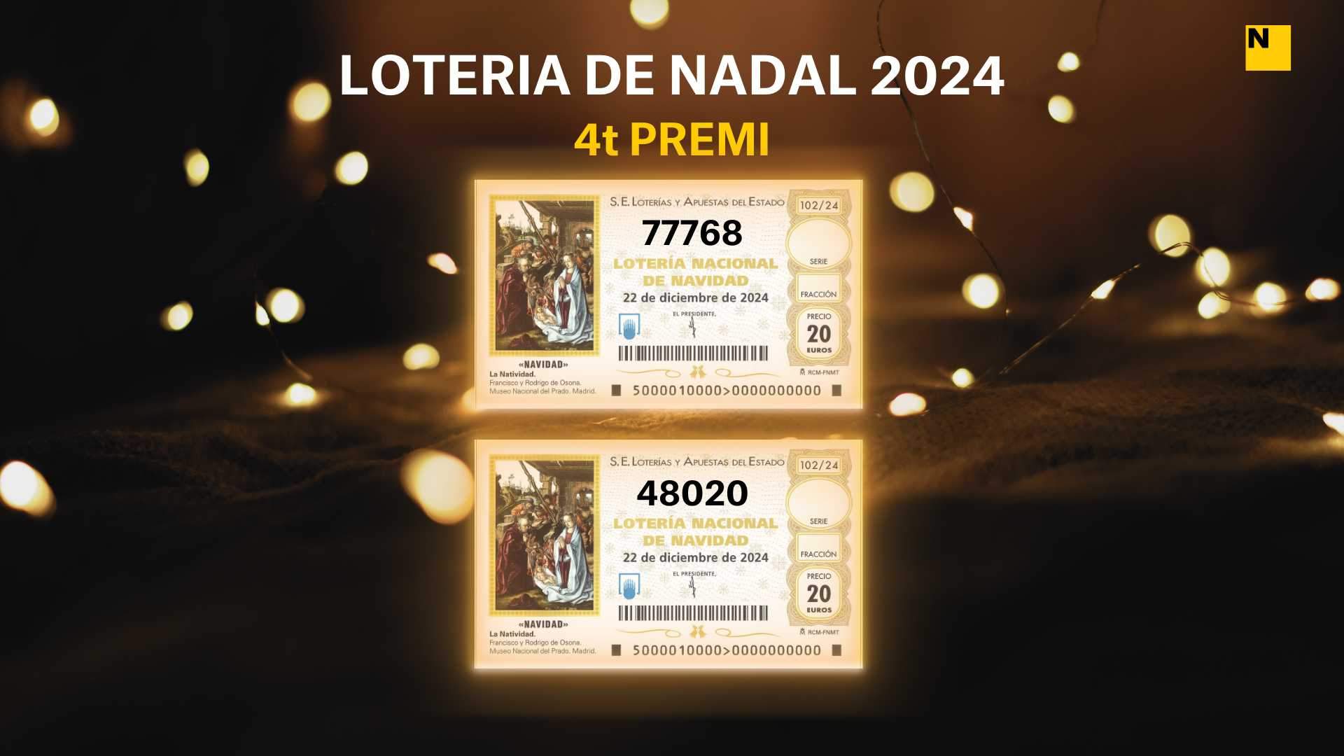 Cuarto premio de la Lotería de Navidad 2024: 77768, 48020