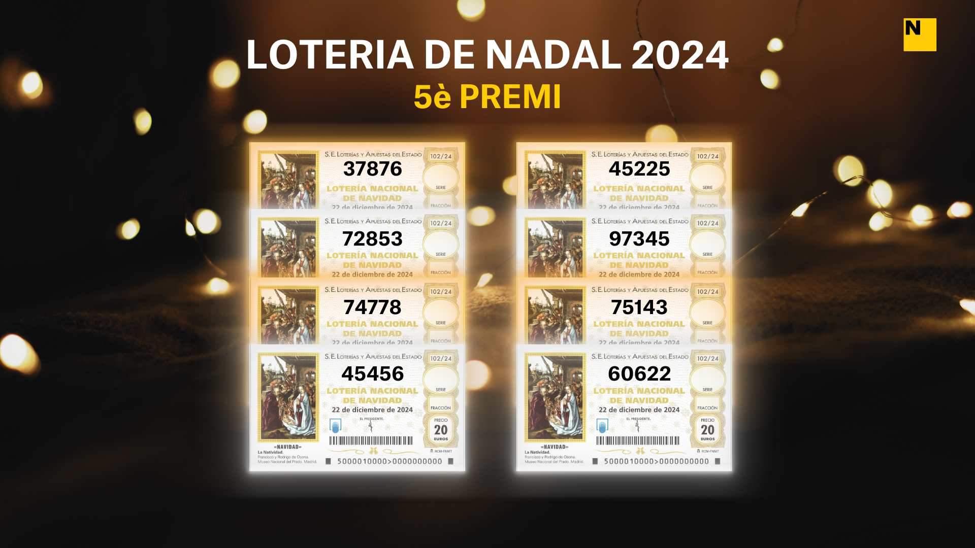 Cinquè premi de la Loteria de Nadal 2024: 37876, 72853, 74778, 45456, 45225, 97345, 75143 i 60622