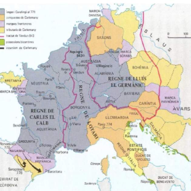 Mapa contemporani de l'Imperi carolingi després de la partició pels tres nets de Carlemany. Font Enciclopèdia Catalana(1)