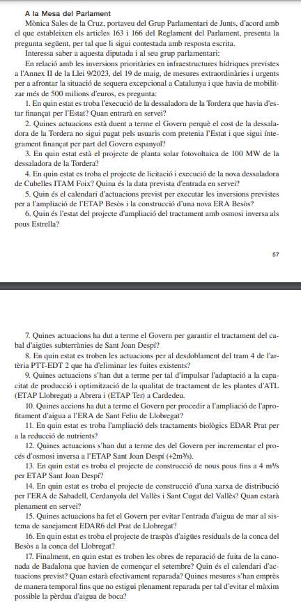 Preguntas de Junts sobre las inversiones sobre la sequía