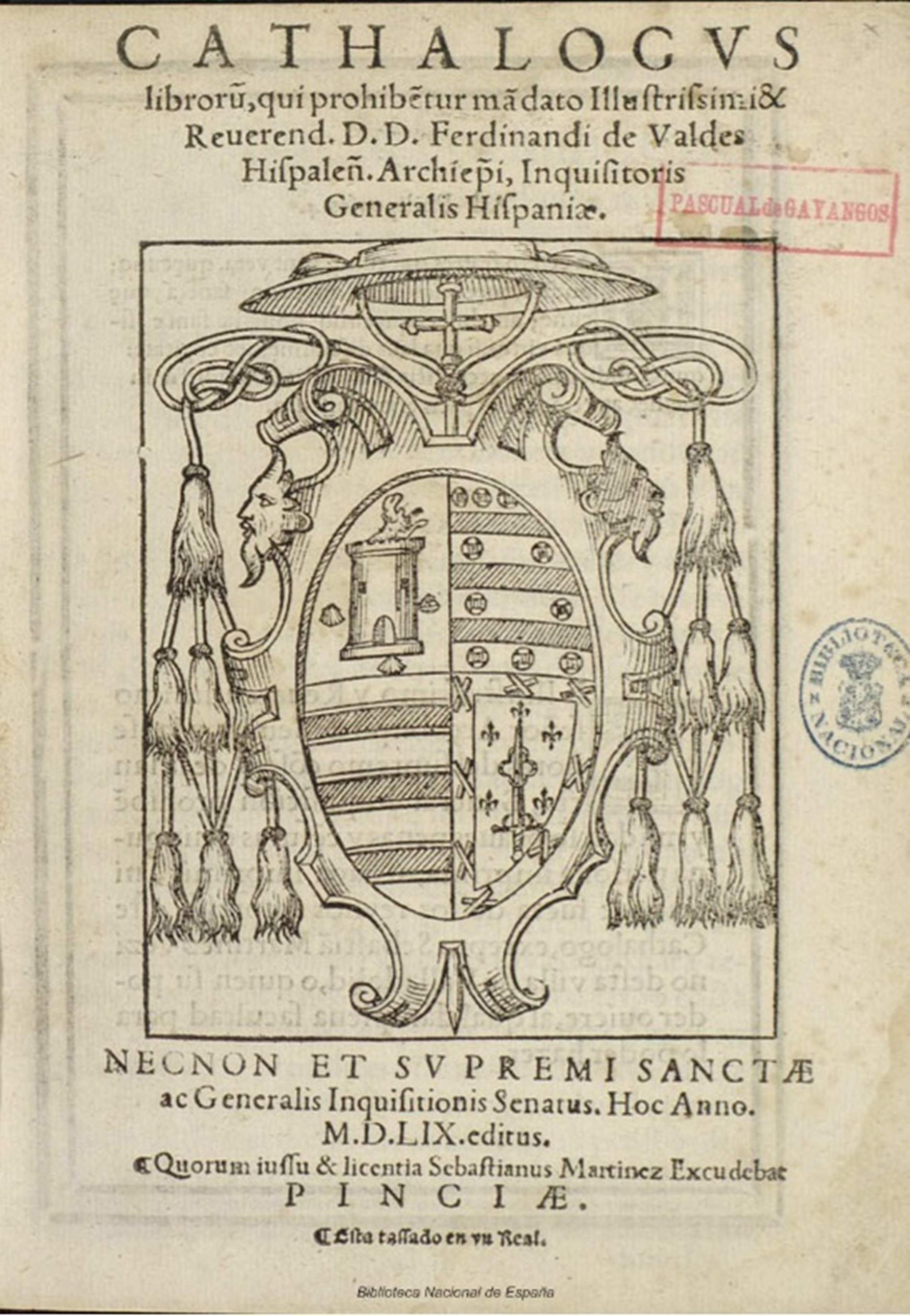 Portada del cataleg de llibres prohibits per la Inquisició (1559). Font Universitat de Sevilla