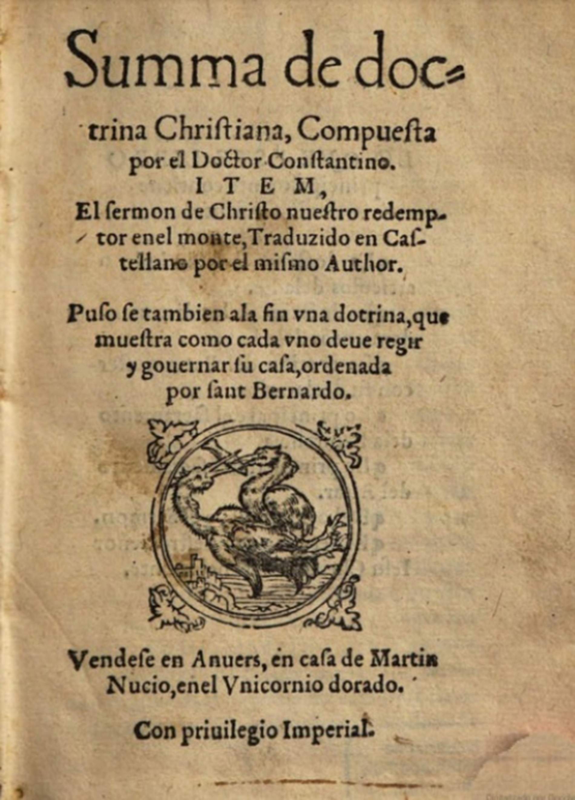 Portada d'un llibre prohibit per la Inquisició (1543). Font Biblioteca Nacional d'Espanya