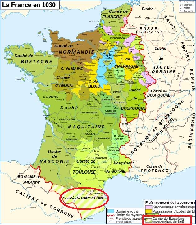 Mapa del reino de Francia cabe en el año 1000, con el condado de Barcelona independiente de facte. Fuente Atlas Historique de France