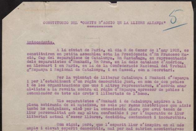 Acta constitució  de Constitució del Comitè d'Acció de la Lliure Aliança (CALA). Francesc Macià. Foto: Fundació Reeixida