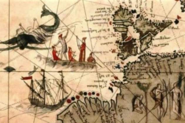 Mapa de la costa oeste de Terranova. El detalle nos muestra un galeote ballenero, una txalupa y un grupo de pescadores vascos (1544). Fuente Euskal Irratia Telebista (1)