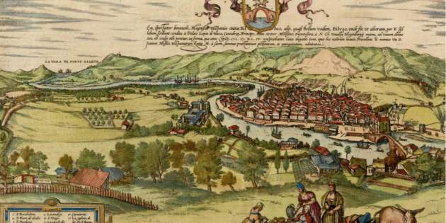 Grabado de Bilbao (1544). La ciudad, el puerto y la ría navegable. Fuente: Biblioteca Nacional de España