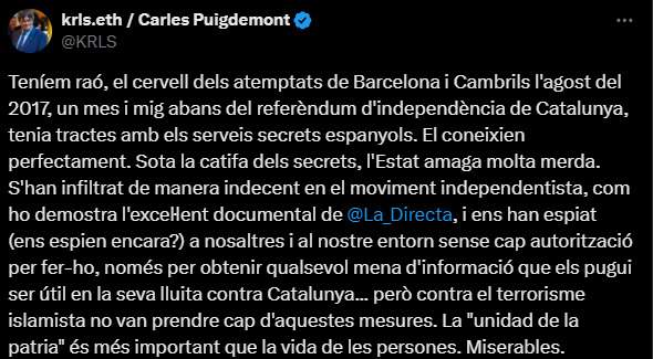 Piulada de Carles Puigdemont sobre les revelacions de l'imam de Ripoll