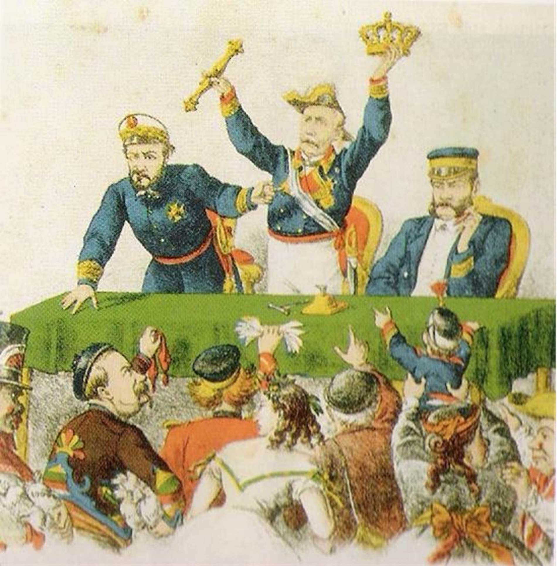 Caricatura de Prim, Serrano i Topete després de la Revolució Gloriosa, subastant la corona espanyola. Font Revista La Flaca